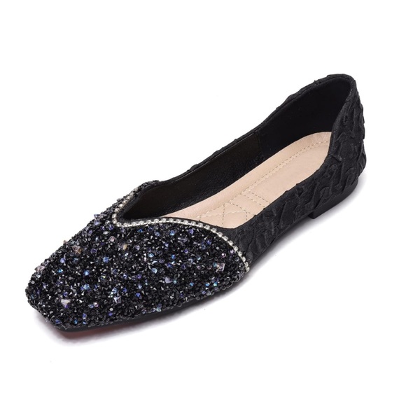 Women's Rhinestone  Square Ballet Flats Low Heel Women Wedding 7.5 Black - Picture 2 of 10